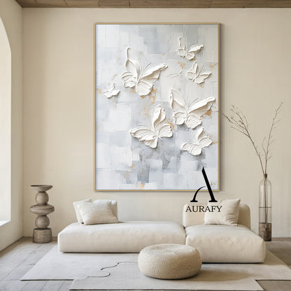 3D Textured Butterfly Art High-Relief Impasto White Beige Modern Minimalist Luxe Painting with Gold Accents AURA531