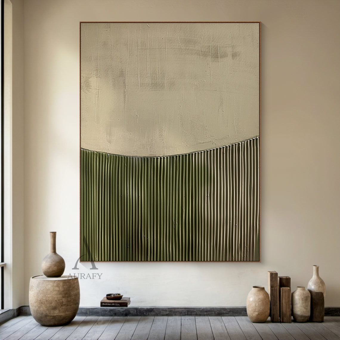 3D Textured Painting Beige Green Tactile Surface High-Relief Sculpted Vertical Stripes Modern Organic AURA465