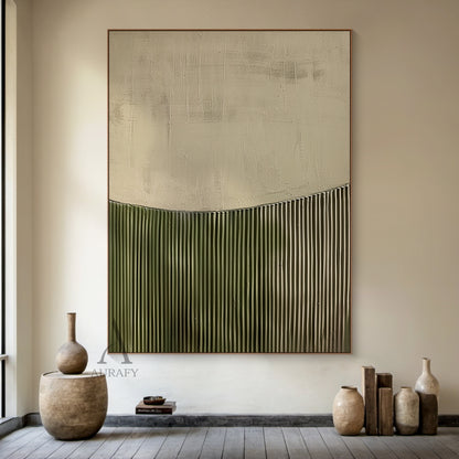 3D Textured Painting Beige Green Tactile Surface High-Relief Sculpted Vertical Stripes Modern Organic AURA465