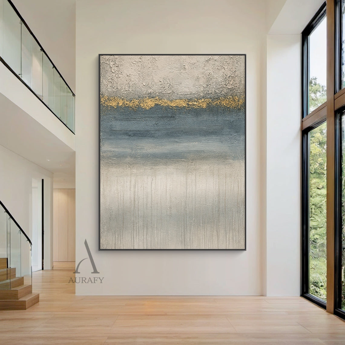 Abstract Gray Blue Art Plaster Textured High-Relief with Golden Accents Modern Organic Minimalist Luxe AurafyArt AURA607