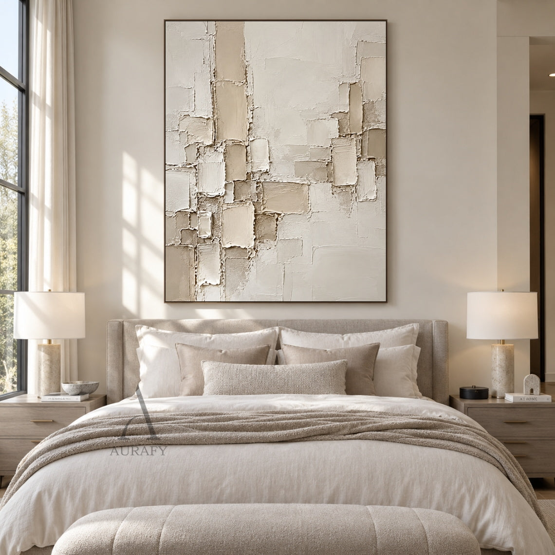Raised Grid, Beige Geometric Impasto Wall Art AURA863
