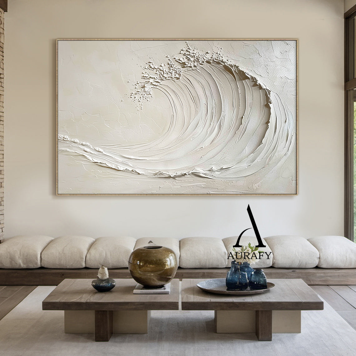 3D Textured Beige AurafyArt Wave Painting Impasto Knife Strokes Sculpted Tactile High-Relief Minimalist AURA534