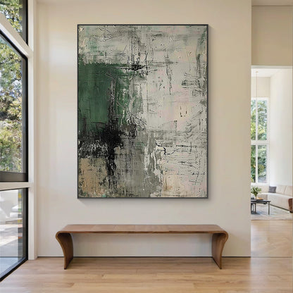 Abstract Minimalist Wall Art – Forest Green & Neutral Grays – AURA021(Square)