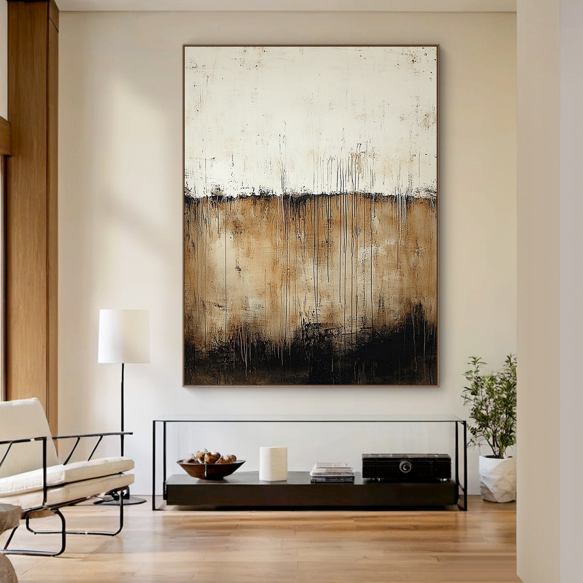 Wabi Sabi Beige Brown Plaster Textured Artwork with Drip Lines Tactile Organic Surface AURA589