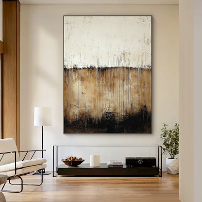 Wabi Sabi Beige Brown Plaster Textured Artwork with Drip Lines Tactile Organic Surface AURA589