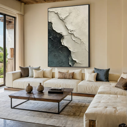 Abstract Landscape Art Impasto Cracked Texture Beige Black Wabi-Sabi Tactile Canvas Wall Decor AURA440