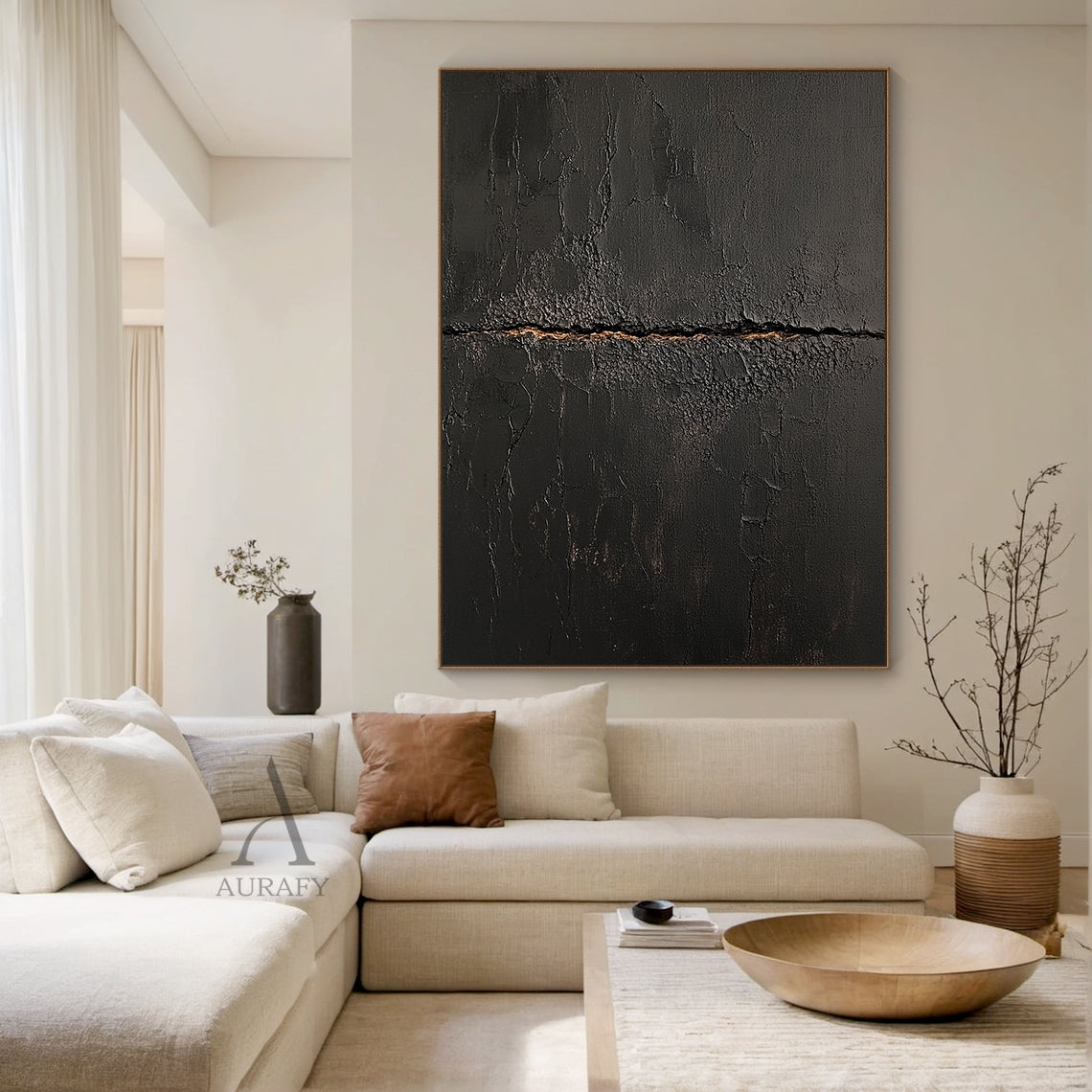 Black Abstract Textured Plaster Wabi-Sabi Gold Accent Sculpted Canvas Minimalist Luxe Tactile Wall Art AURA723