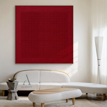 Red Abstract Art Geometric Tactile Canvas Embossed Grid Minimalist Textured Wall Decor AURA624
