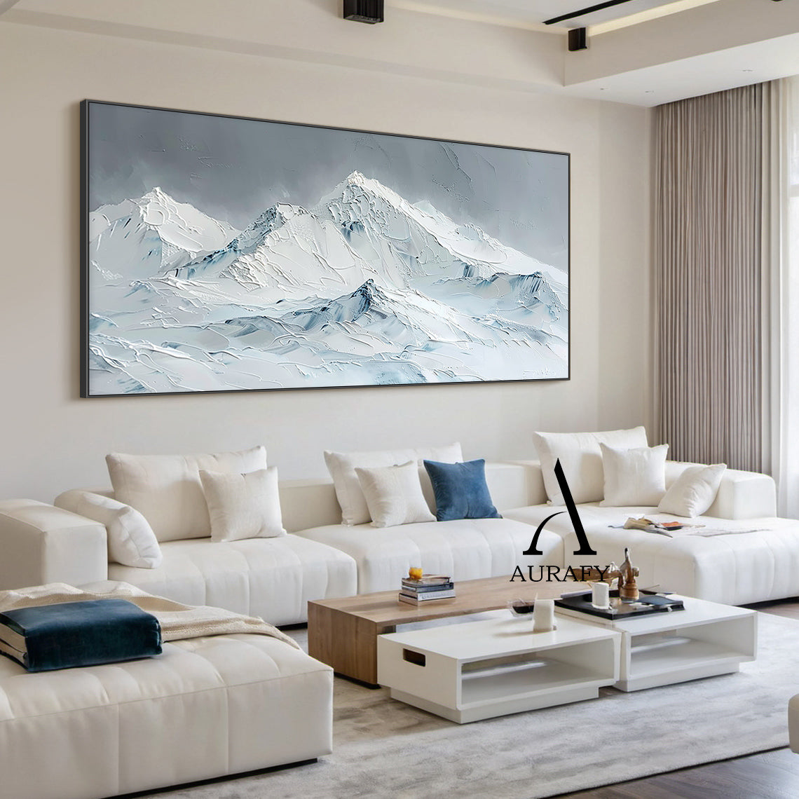 3D Textured Snow Mountain Painting Impasto Tactile Surface Gray White Modern Organic Art AURA519