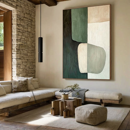 Abstract Green Beige Art with Tactile Brushstroke Texture Modern Organic Minimalist Work AURA612