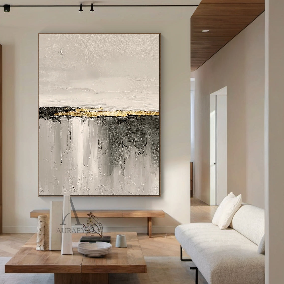 Wabi-Sabi Beige Abstract Plaster Textured Gold Accent Knife Stroked Japandi Minimalist Luxe Canvas Wall Decor AURA718