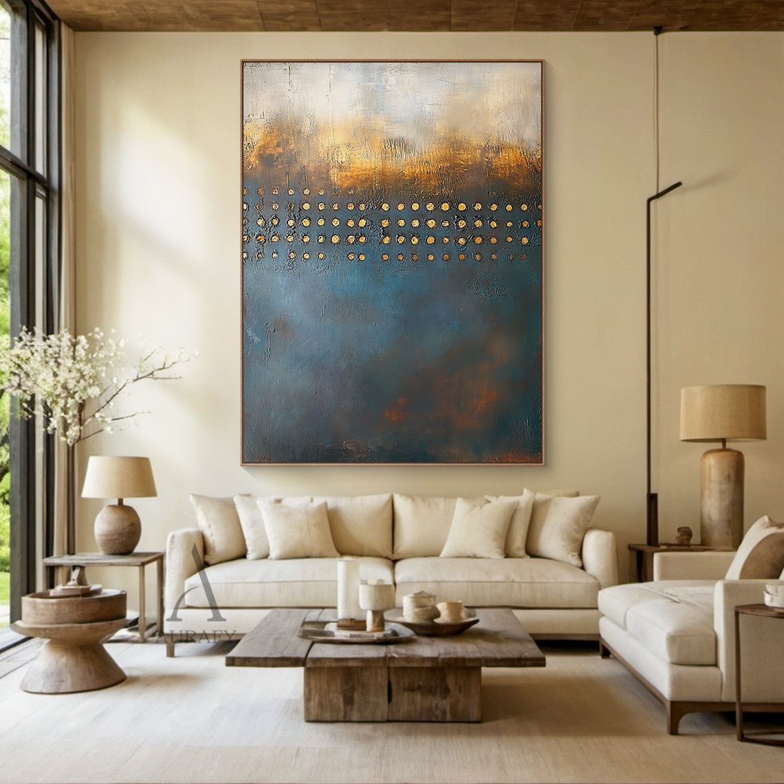 Blue and Beige Abstract Wall Art with a Golden Dot Grid - AURA851