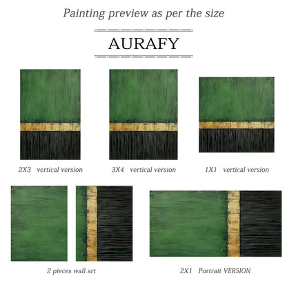 Minimalist Wall Art Green Black Textured Brush Strokes Distressed Gold Vertical Stripes Luxe Piece AURA437
