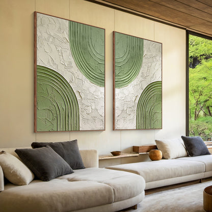 Paired Arc-Green & Beige Geometric Texture Field -AURA170