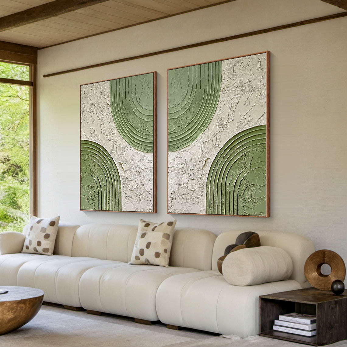 Paired Arc-Green & Beige Geometric Texture Field -AURA170