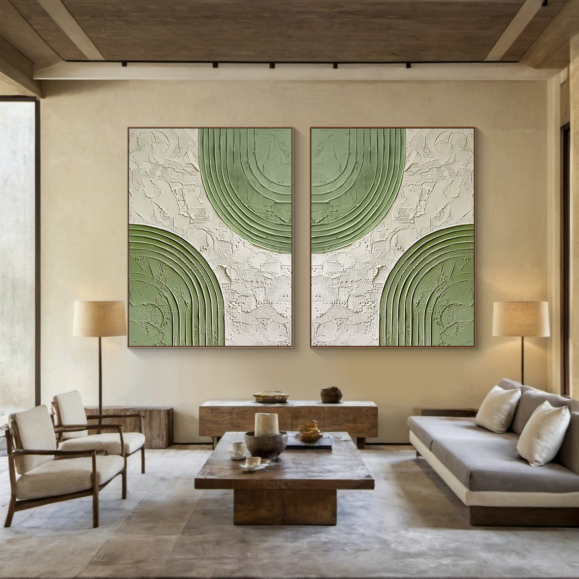 Paired Arc-Green & Beige Geometric Texture Field -AURA170
