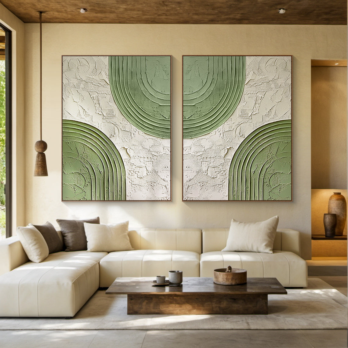Paired Arc-Green & Beige Geometric Texture Field -AURA170