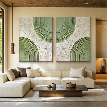 Paired Arc-Green & Beige Geometric Texture Field -AURA170