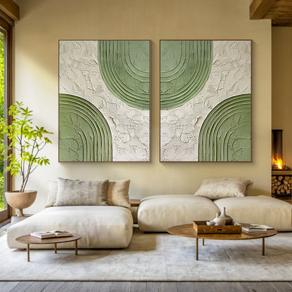 Paired Arc-Green & Beige Geometric Texture Field -AURA170