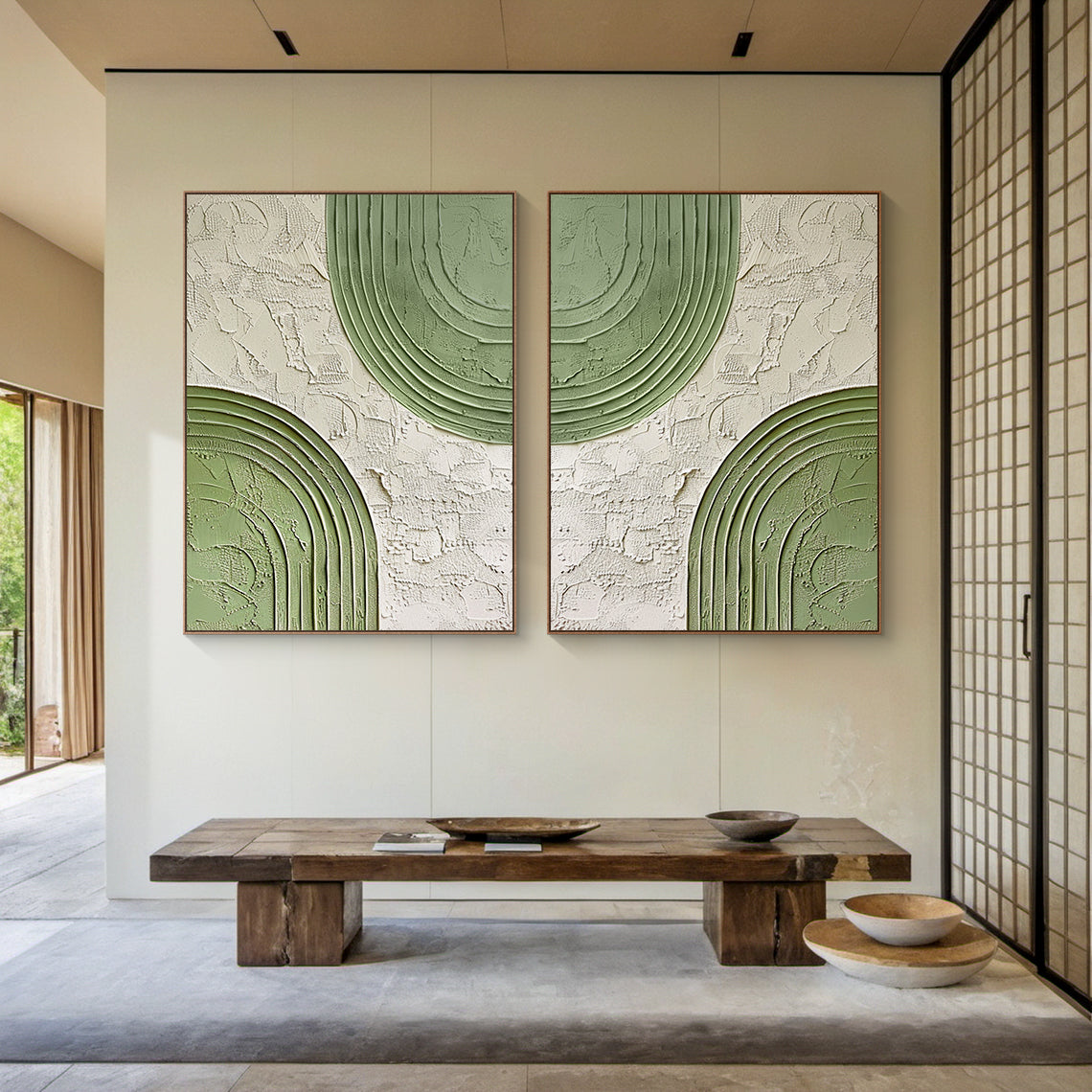 Paired Arc-Green & Beige Geometric Texture Field -AURA170