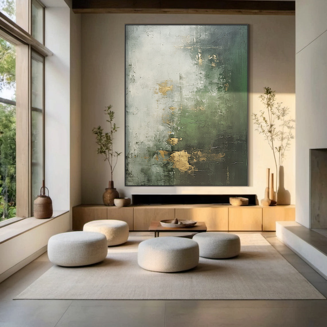 Verdant Haze Canvas a Forest Green & Mist Gold Textured Wall Art-AURA078