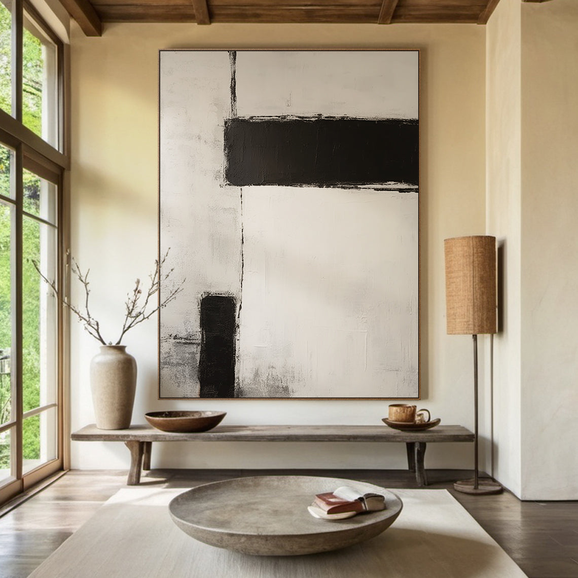 Silence Geometry – Ivory & Charcoal Minimal Abstraction – AURA112(Vertical)