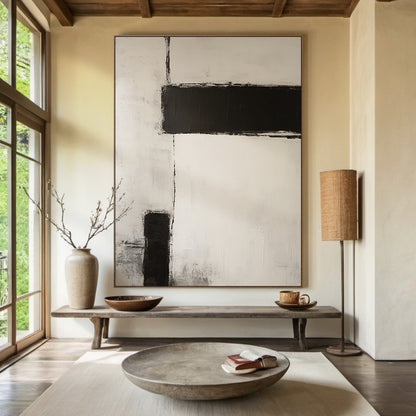 Silence Geometry – Ivory & Charcoal Minimal Abstraction – AURA112(Vertical)