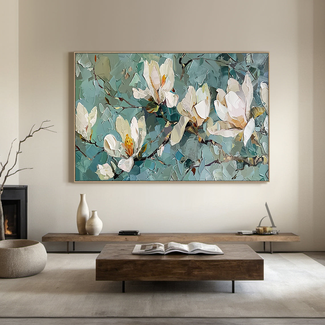 3D Textured Magnolia Painting Knife Strokes High-Relief Blue Green Tactile Modern Artwork AURA418