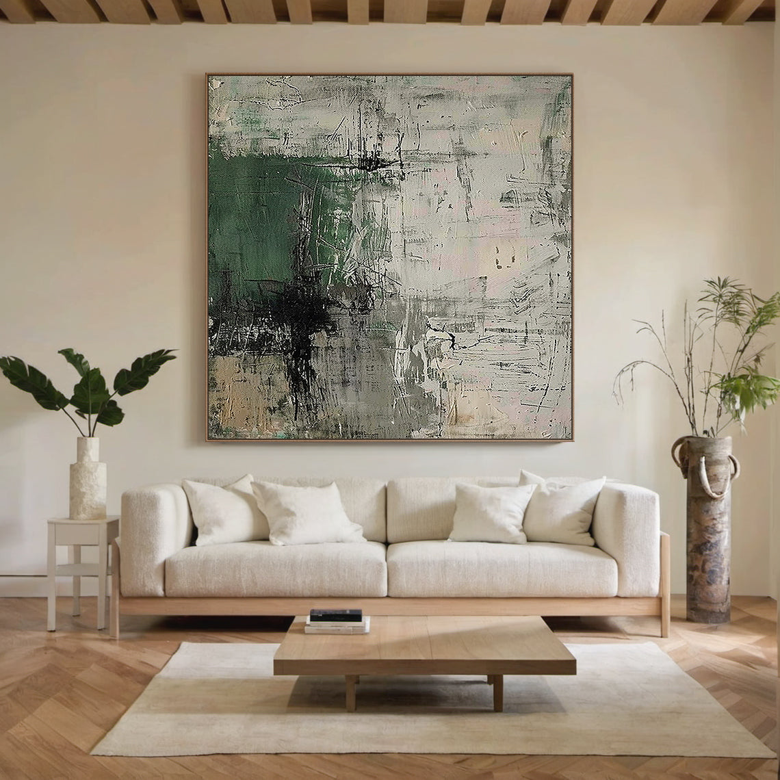 Abstract Minimalist Wall Art – Forest Green & Neutral Grays – AURA021(Square)