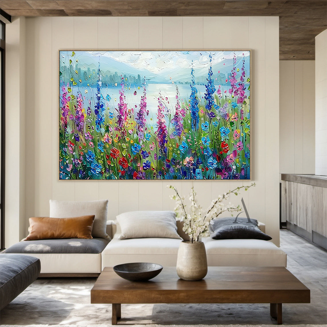 Colorful Landscape Art Impasto Knife Strokes Scenic Wildflower Lake Vibrant Impressionist Painting AURA414