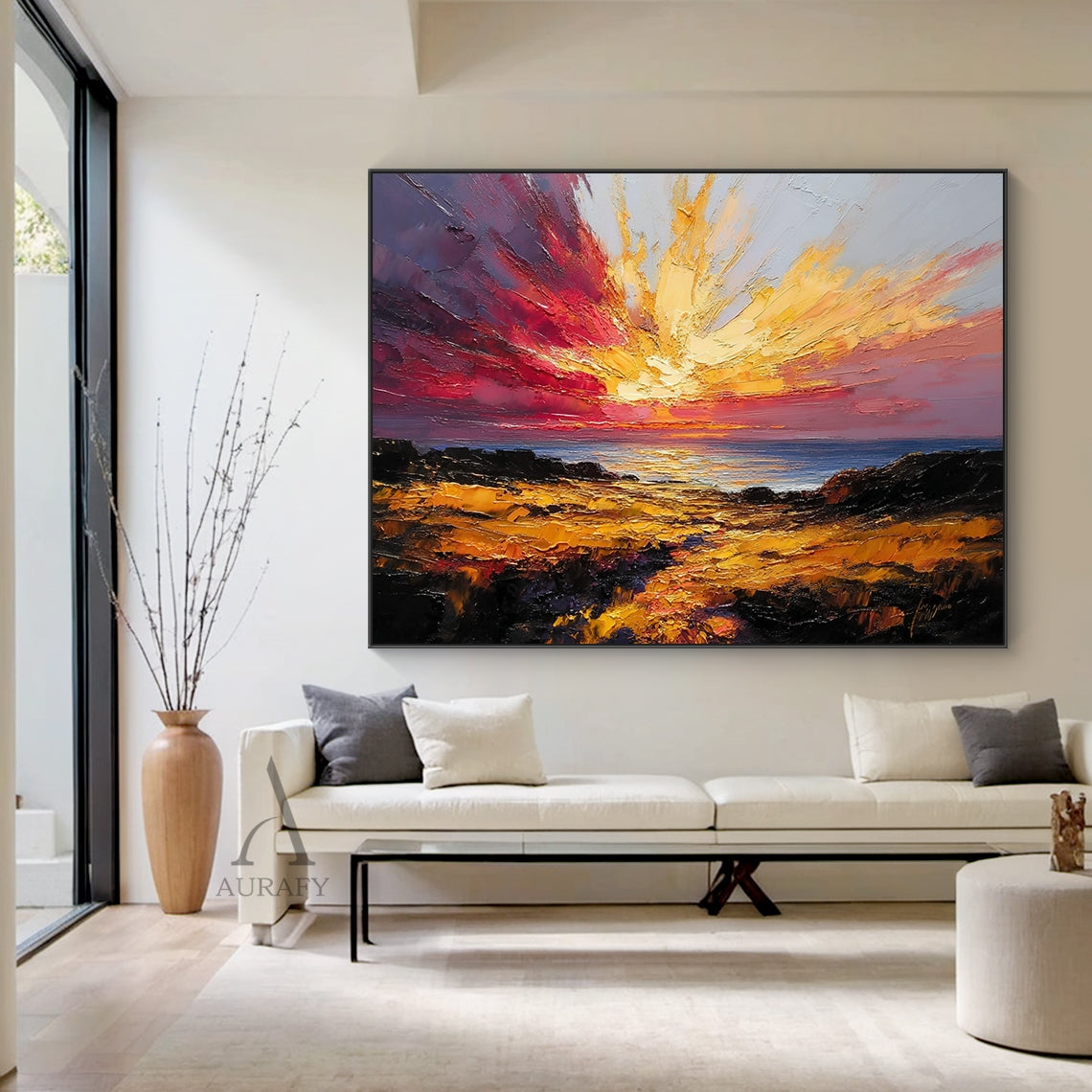 Textured Palette Knife Red Brown Coastal Sunset Impasto Canvas Wall Art Modern Organic Home Decor AURA748