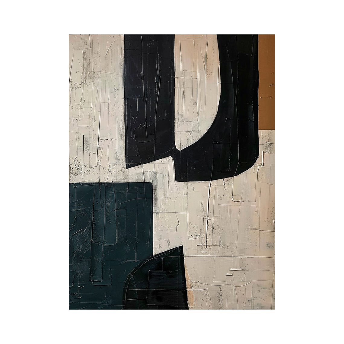 Black Curved Forms on Beige Abstract Wall Art with Deep Teal - AURA840