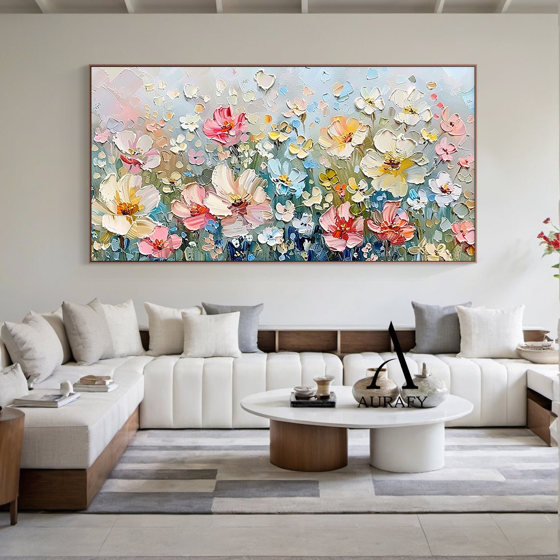 3D Textured Flower Painting Thick Impasto Blue Pink Sculpted Petals Knife Strokes Artwork AURA573