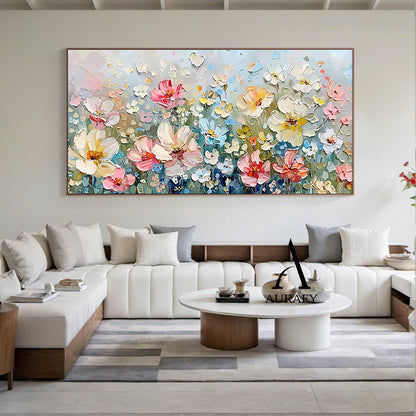3D Textured Flower Painting Thick Impasto Blue Pink Sculpted Petals Knife Strokes Artwork AURA573