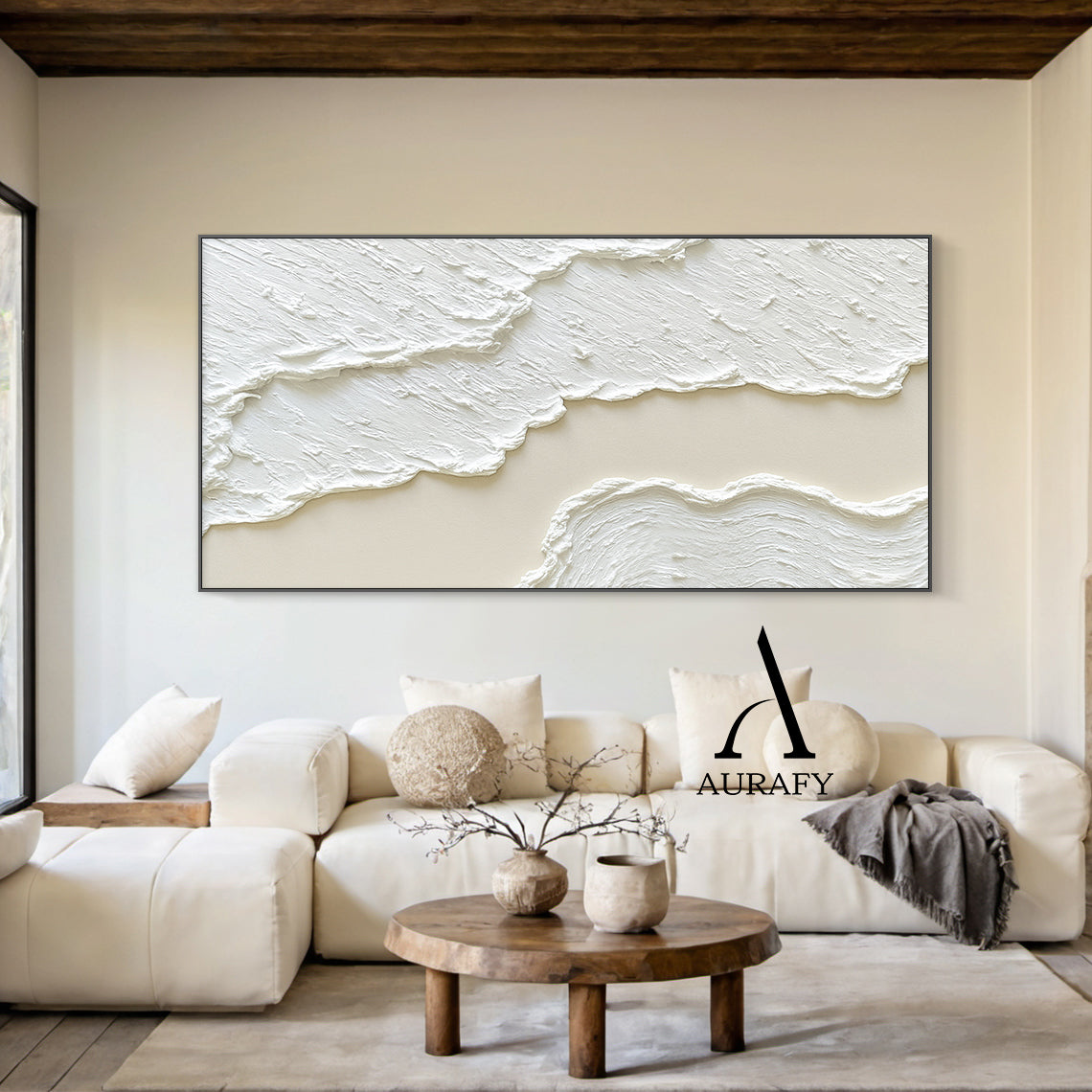3D Textured Painting White Beige High-Relief Plaster Tactile Surface Wabi-Sabi Modern Organic Artwork AURA512