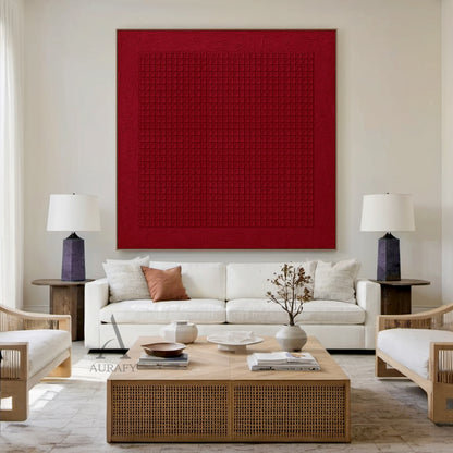 Red Abstract Art Geometric Tactile Canvas Embossed Grid Minimalist Textured Wall Decor AURA624
