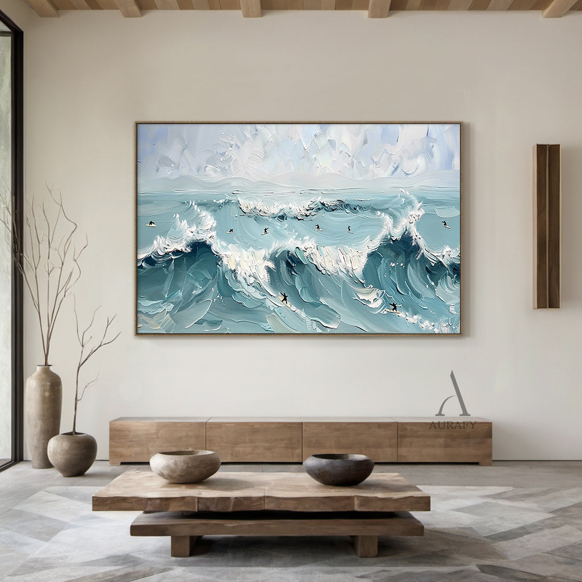Blue Ocean Surf Art Thick Impasto Palette Knife Modern Expressionism Tactile Waves Surfers AURA415
