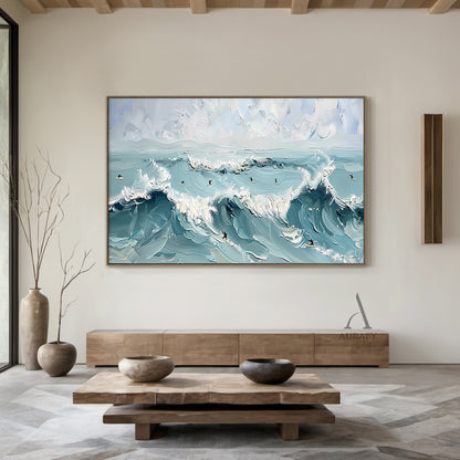 Blue Ocean Surf Art Thick Impasto Palette Knife Modern Expressionism Tactile Waves Surfers AURA415