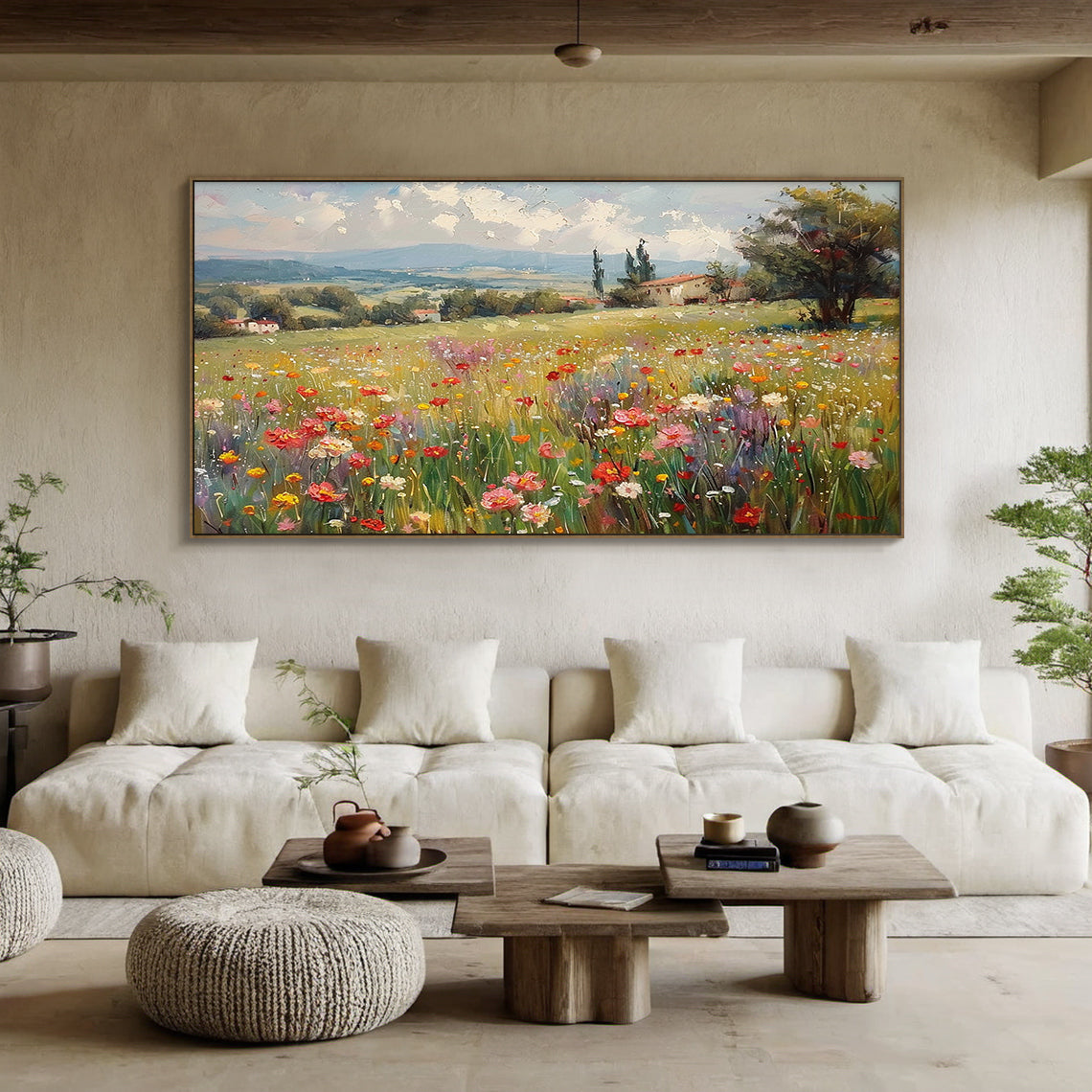 Textured Impressionist Green Yellow Wildflower Landscape Knife Painted Canvas Wall Art For Modern Organic Decor AURA714