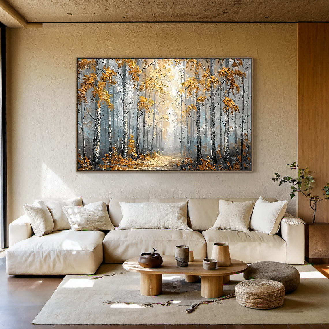 Plaster Textured Autumn Birch Forest Knife Stroke Wabi-Sabi Yellow Brown Gray Canvas Wall Art AURA716