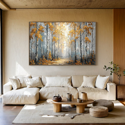 Plaster Textured Autumn Birch Forest Knife Stroke Wabi-Sabi Yellow Brown Gray Canvas Wall Art AURA716