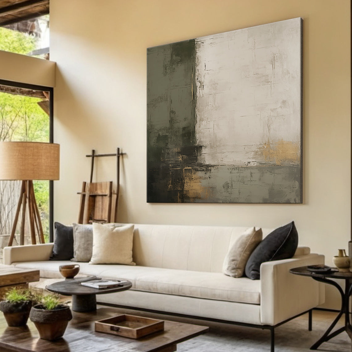 Shadow Reverie Canvas — Olive Grey & Sand Textured Wall Art – AURA077