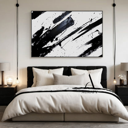 Minimalist Wall Art Black White Abstract Brushstroke Ink Splatter Dynamic Tactile Art AURA551
