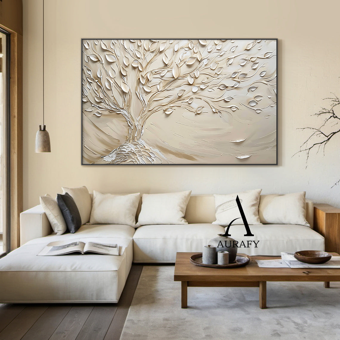 Beige High-Relief Knife Painted Tree Wall Art Japandi Wabi-Sabi Tactile Plaster Modern Organic Minimalist Decor AURA536