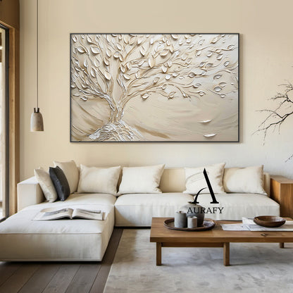 Beige High-Relief Knife Painted Tree Wall Art Japandi Wabi-Sabi Tactile Plaster Modern Organic Minimalist Decor AURA536