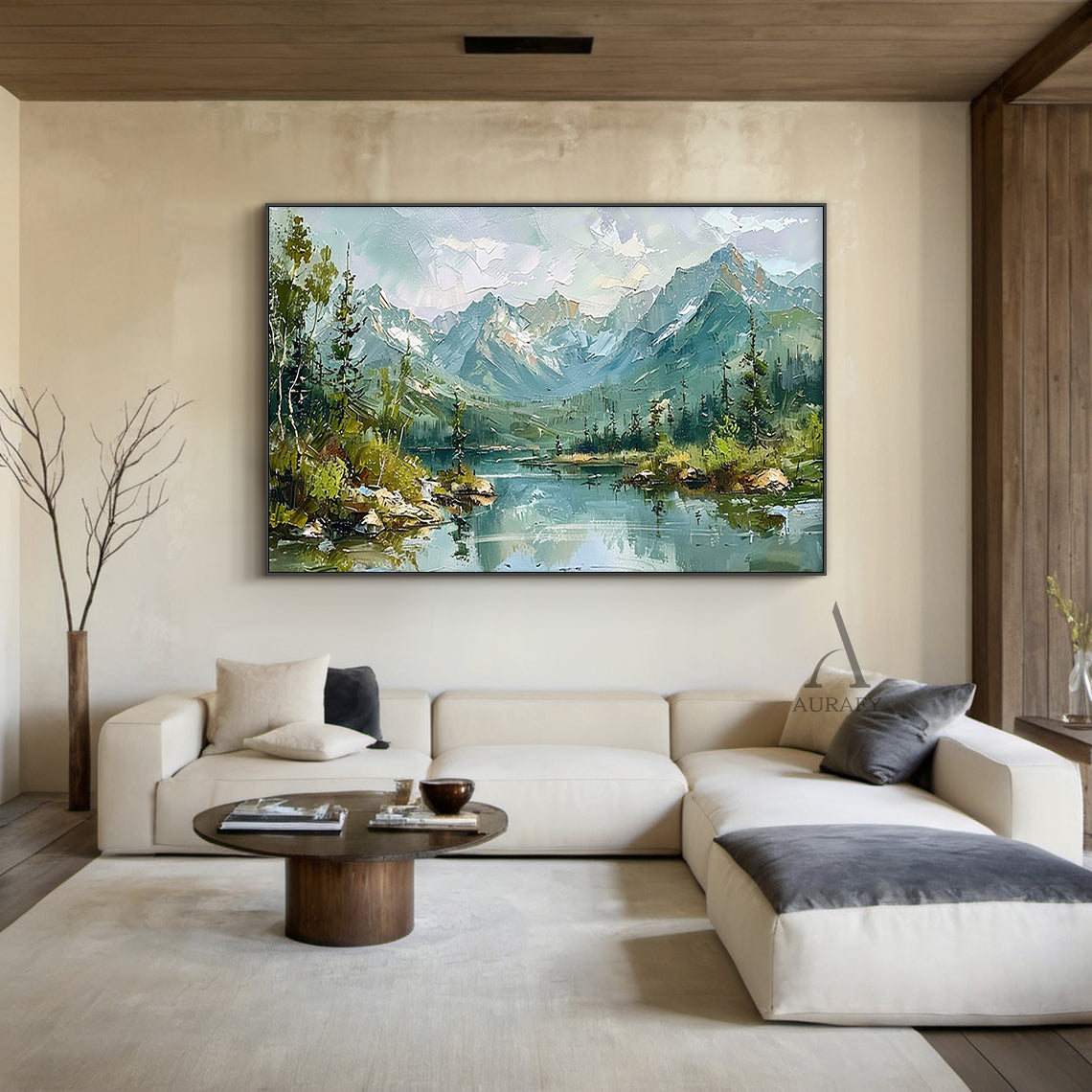 Green Landscape Oil Painting Modern Organic Visible Brushstrokes Lush Mountain Lake Art AURA421