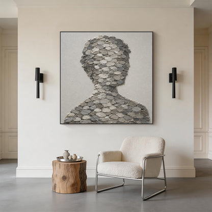 3D Textured Gray Plaster Wabi-Sabi Human Silhouette Knife Stroke Sculpted Canvas Minimalist Japandi Wall Art AURA703