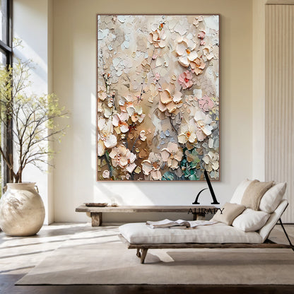 3D Textured Flower Painting High-Relief Tactile Beige Tone Knife Strokes Modern Organic Art AURA572