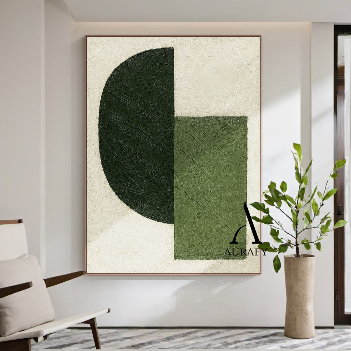 Minimalist Wall Art Green Beige Brushstroke Textured Modern Organic Abstract Geometric Art AURA546