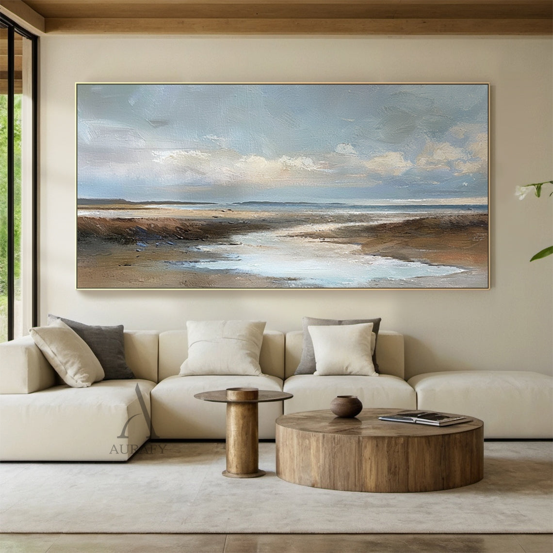 Blue Brown Knife Stroke Coastal Landscape Wabi-Sabi Textured Canvas Minimalist Oil Wall Art Decor AURA741
